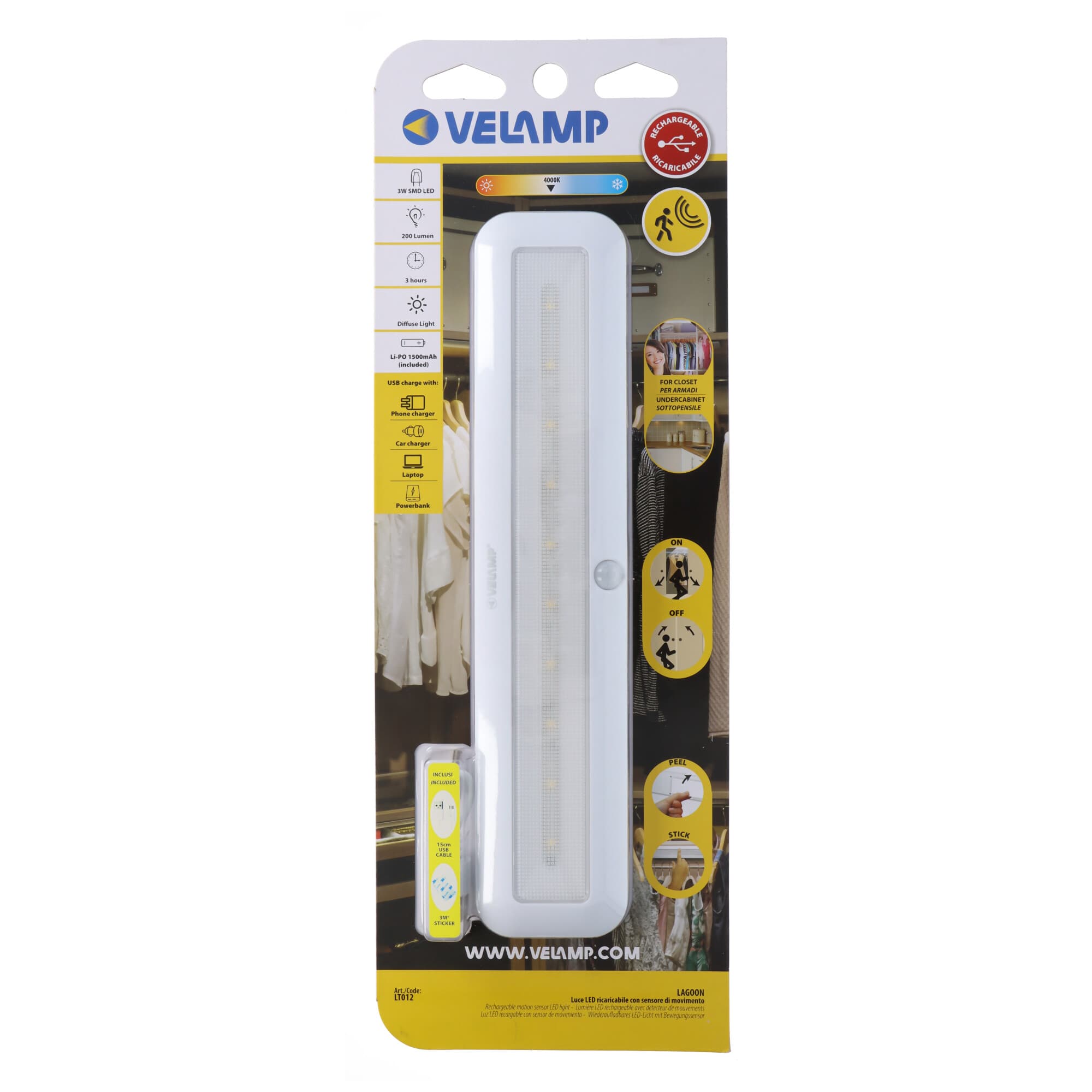 Velamp LAGOON: Bande LED rechargeable de 30 cm pour placards, placards et cuisines. 200 lumens. Avec IRP. Blanc