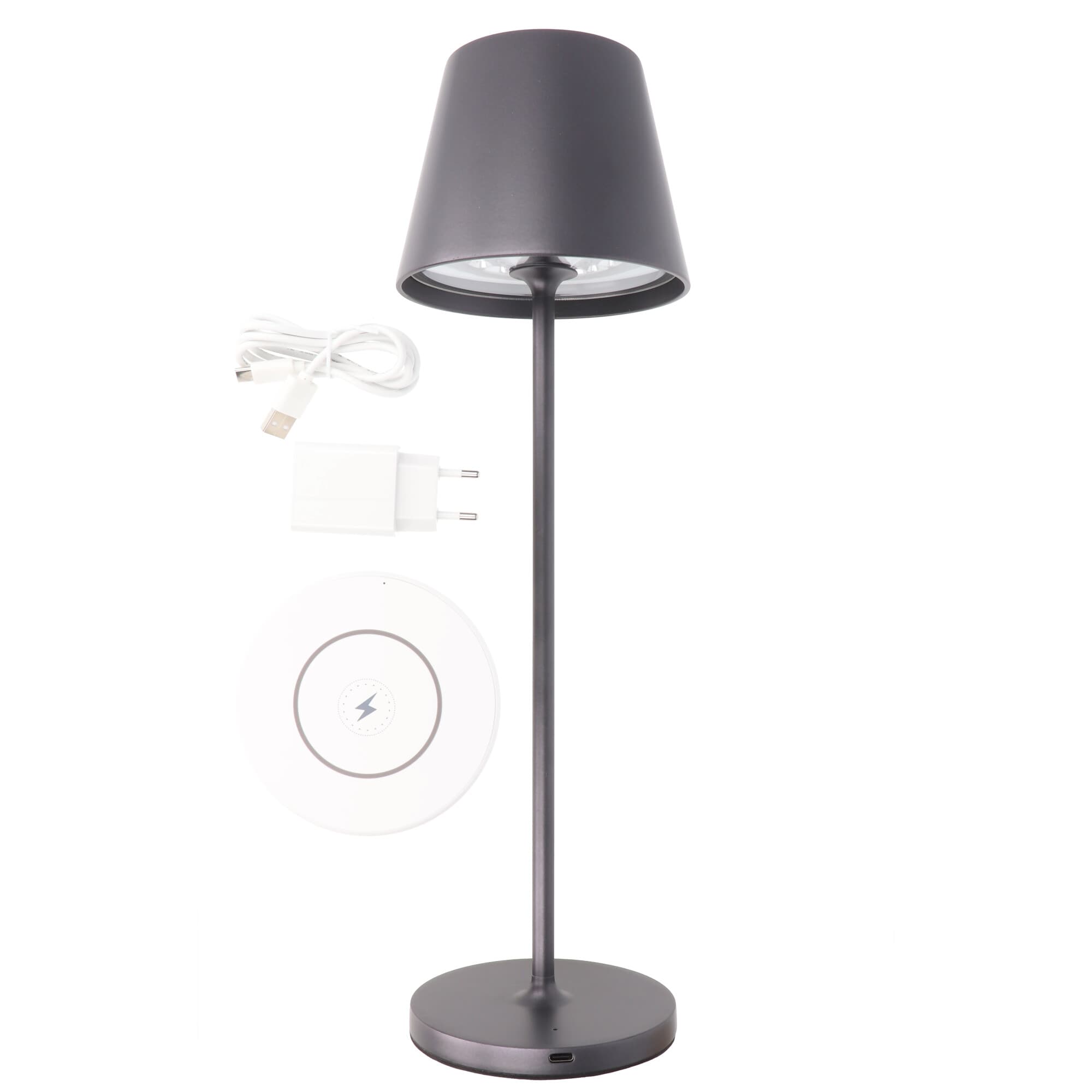 Lampe de table à LED anthracite avec batterie rechargeable et socle de chargement, autonomie maximale de 9 heures à pleine puissance