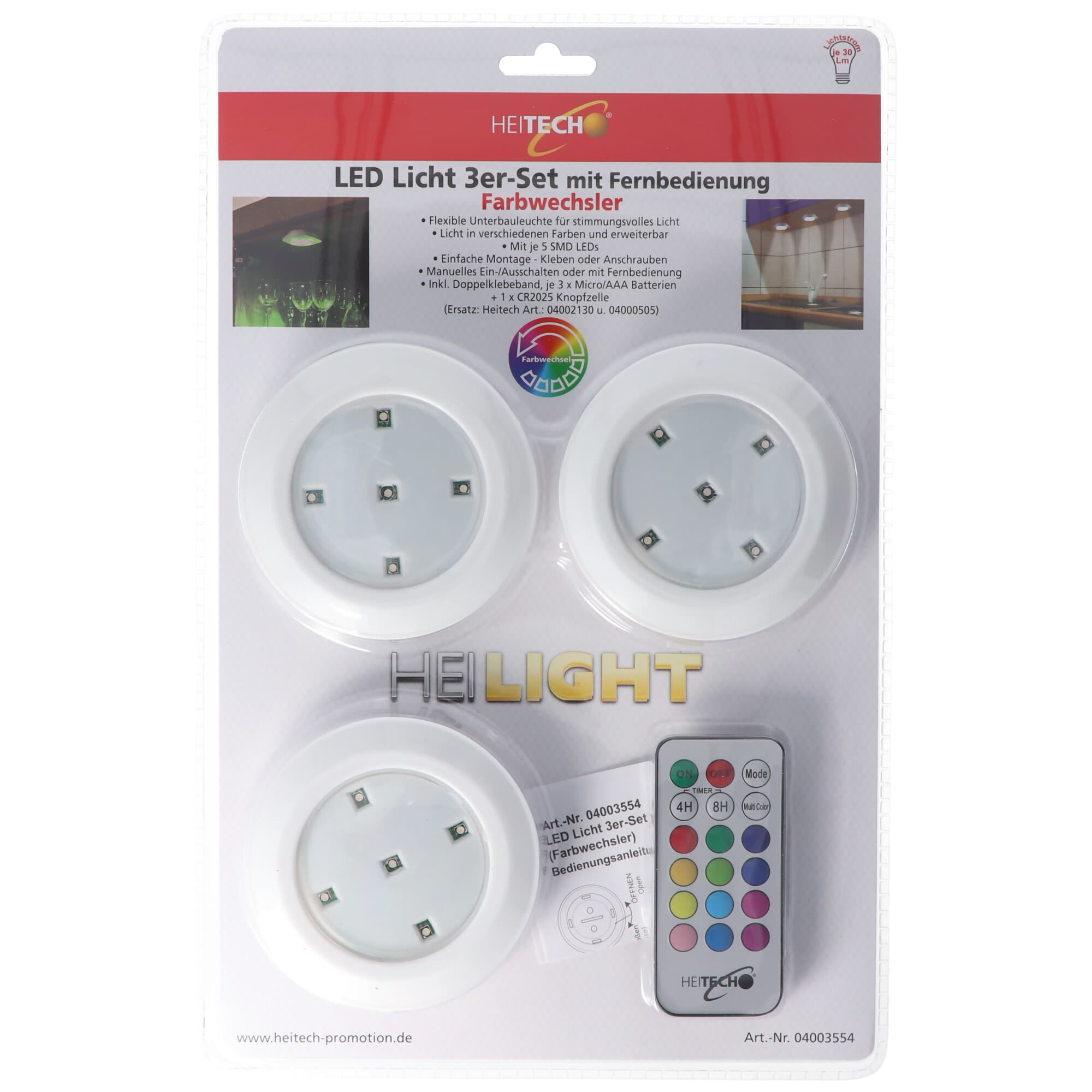 Lot de 3 lampes LED avec télécommande, flexible sous armoire avec lumière de différentes couleurs, y compris 3 piles AAA et 1 pile CR2025