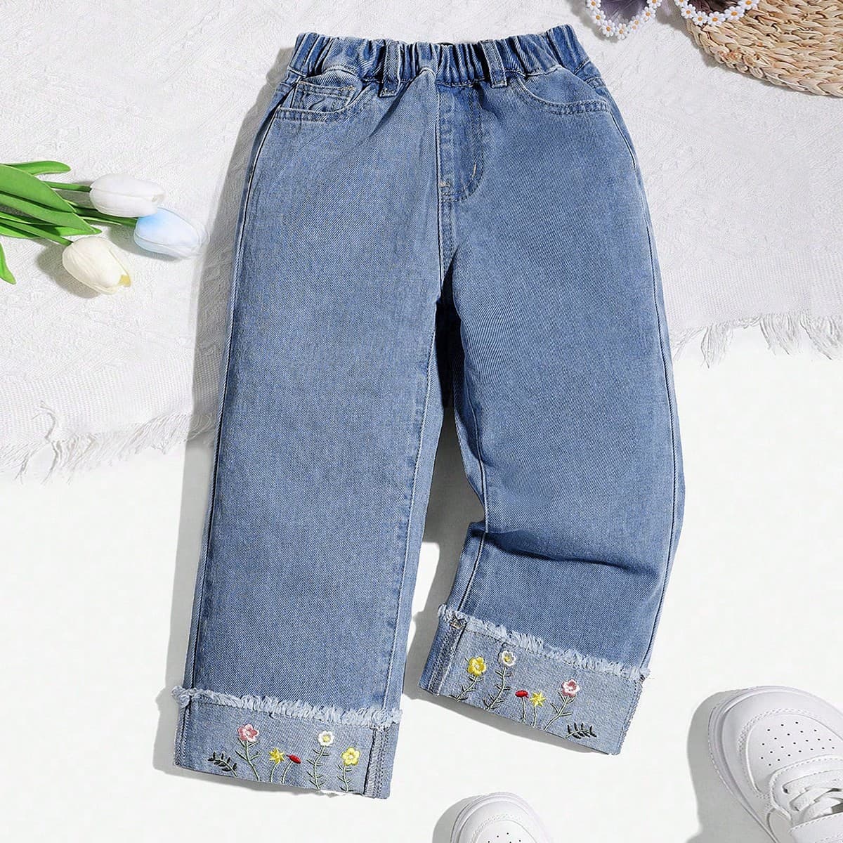 Jeans intemporels Ã jambes larges brodÃ© pour filles, pantalons en jean dÃ©contractÃ©s et confortables pour un usage quotidien