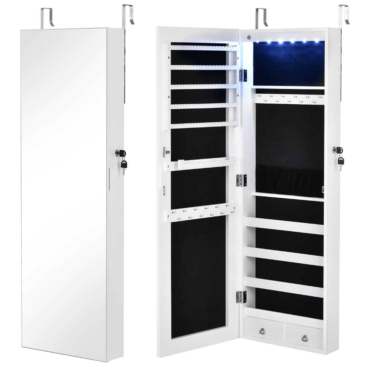 CostwayArmoire à Bijoux à Fixation Murale/Porte 6 LED et 2 Tiroirs avec Miroir Grand Format Blanche pour Chambre