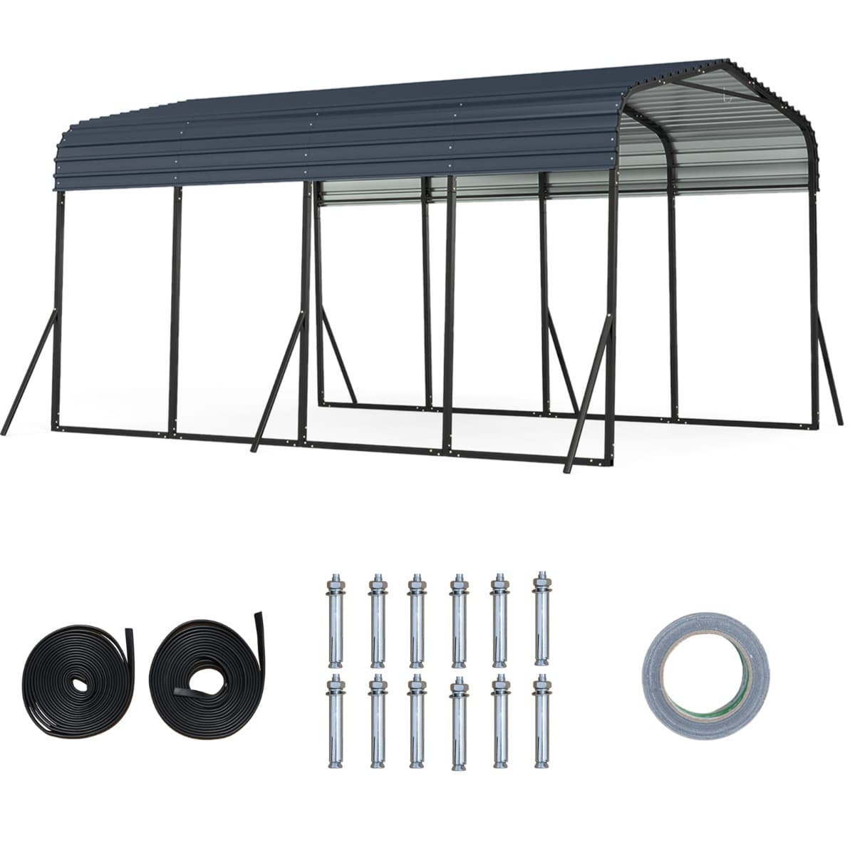 CostwayAbri de Voiture Métallique 440x300cm Extérieur Tente de Garage avec Base Renforcée et 4 Pieds Inclinés Supplémentaires Noir