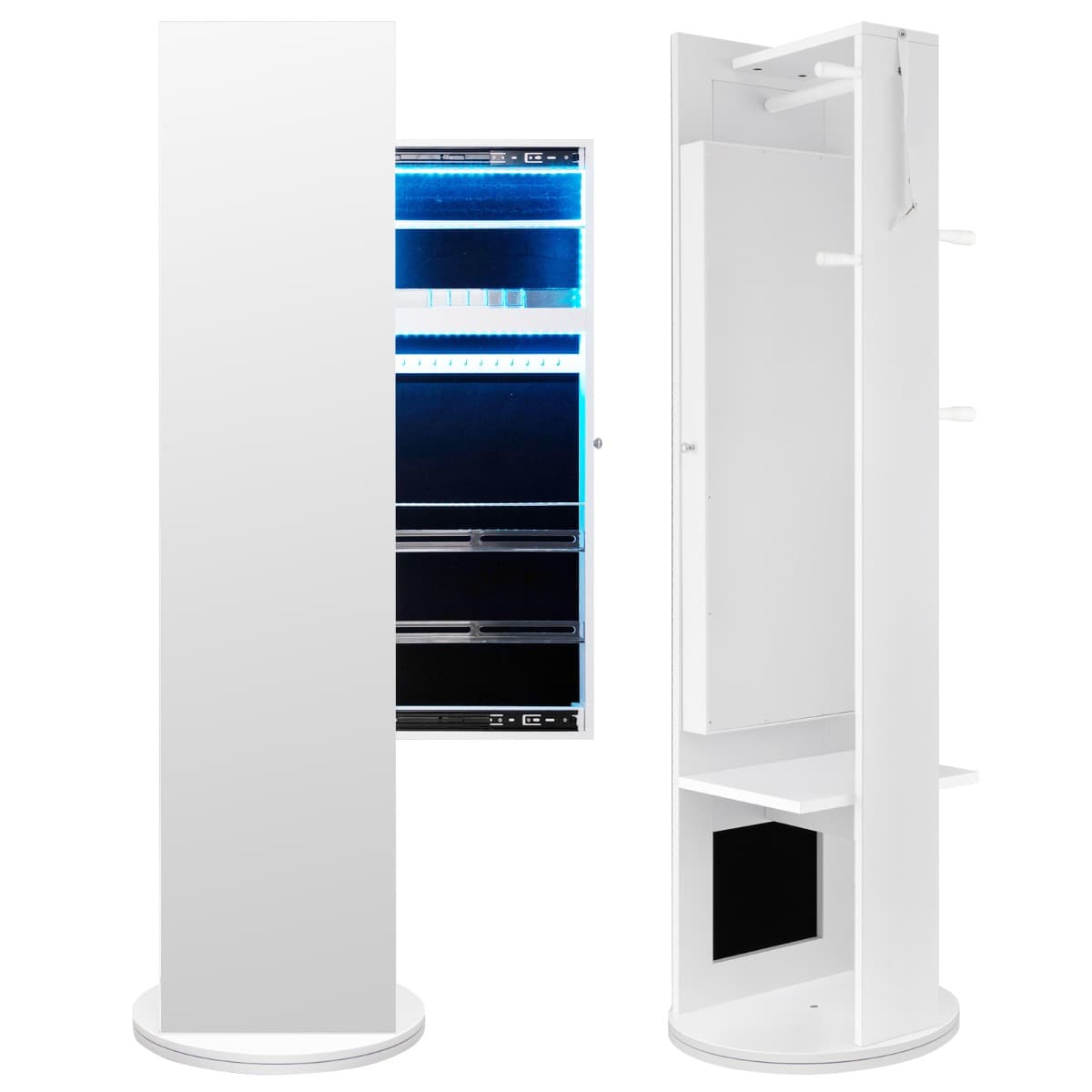 Costway3 en 1 Armoire à Bijoux Pivotante à 360° avec Miroir Pleine Longueur Porte-manteau Arrière et Lumières LED 3 Couleurs Blanc