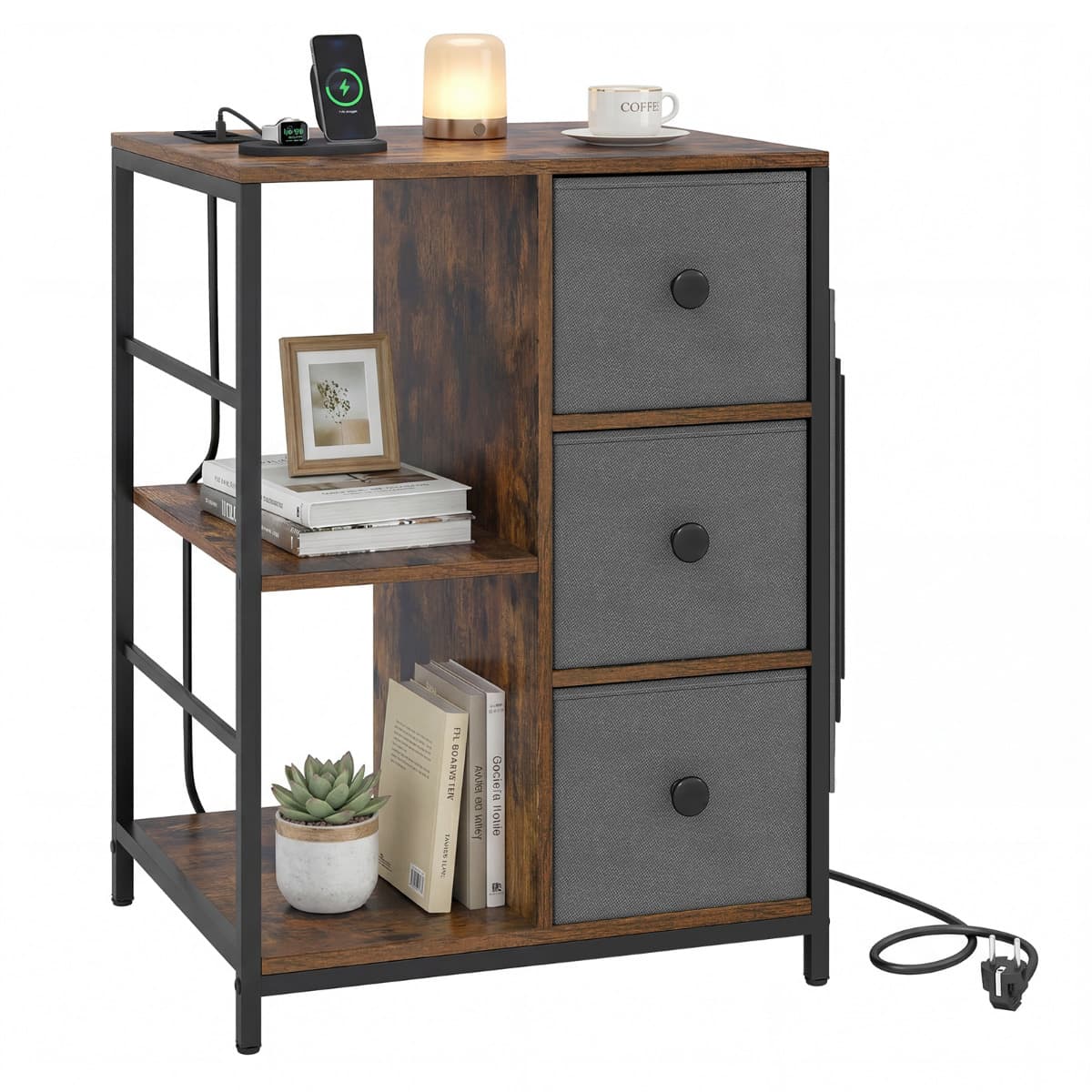 Armoire de Rangement avec Station de Charge Table de Chevet à 3 Niveaux avec Étagère Tiroirs en Tiss