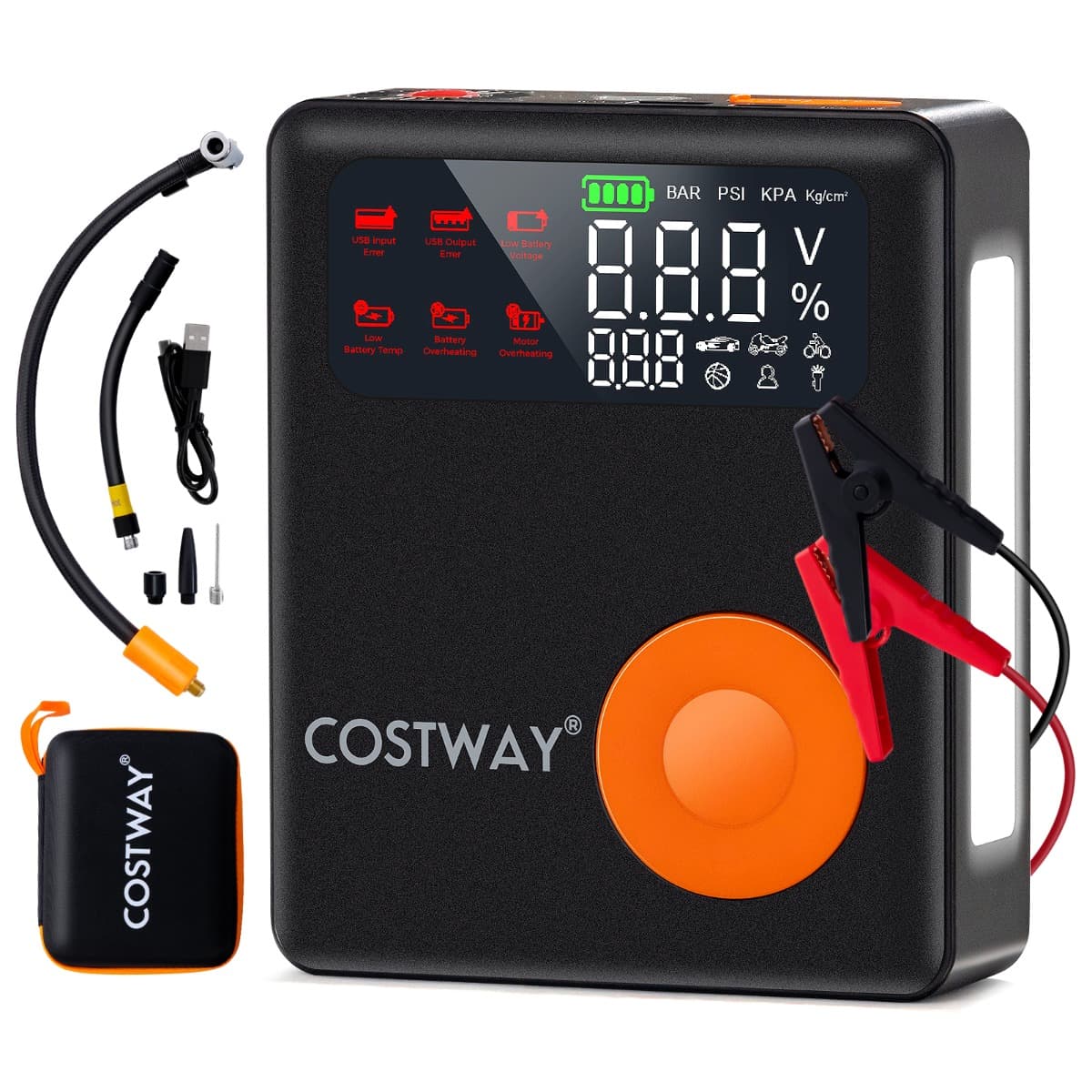 CostwayDémarreur de Batterie Voiture 12V 2000A avec Gonfleur de Pneus 150 PSI pour Moteurs Essence Jusqu'à 8L & Diesel Jusqu'à 5L Écran