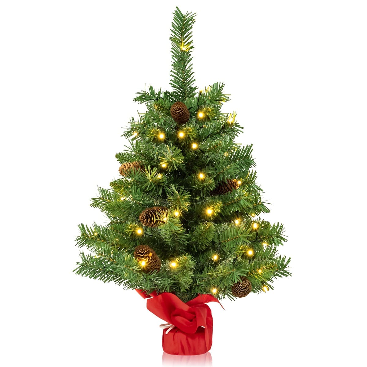 CostwayMini Arbre de Noël Pré-illuminé 64 cm Sapin de Noël de Table avec 50 Lumières LED 8 Modes d'Éclairage 8 Pommes de Pin Base en Ciment