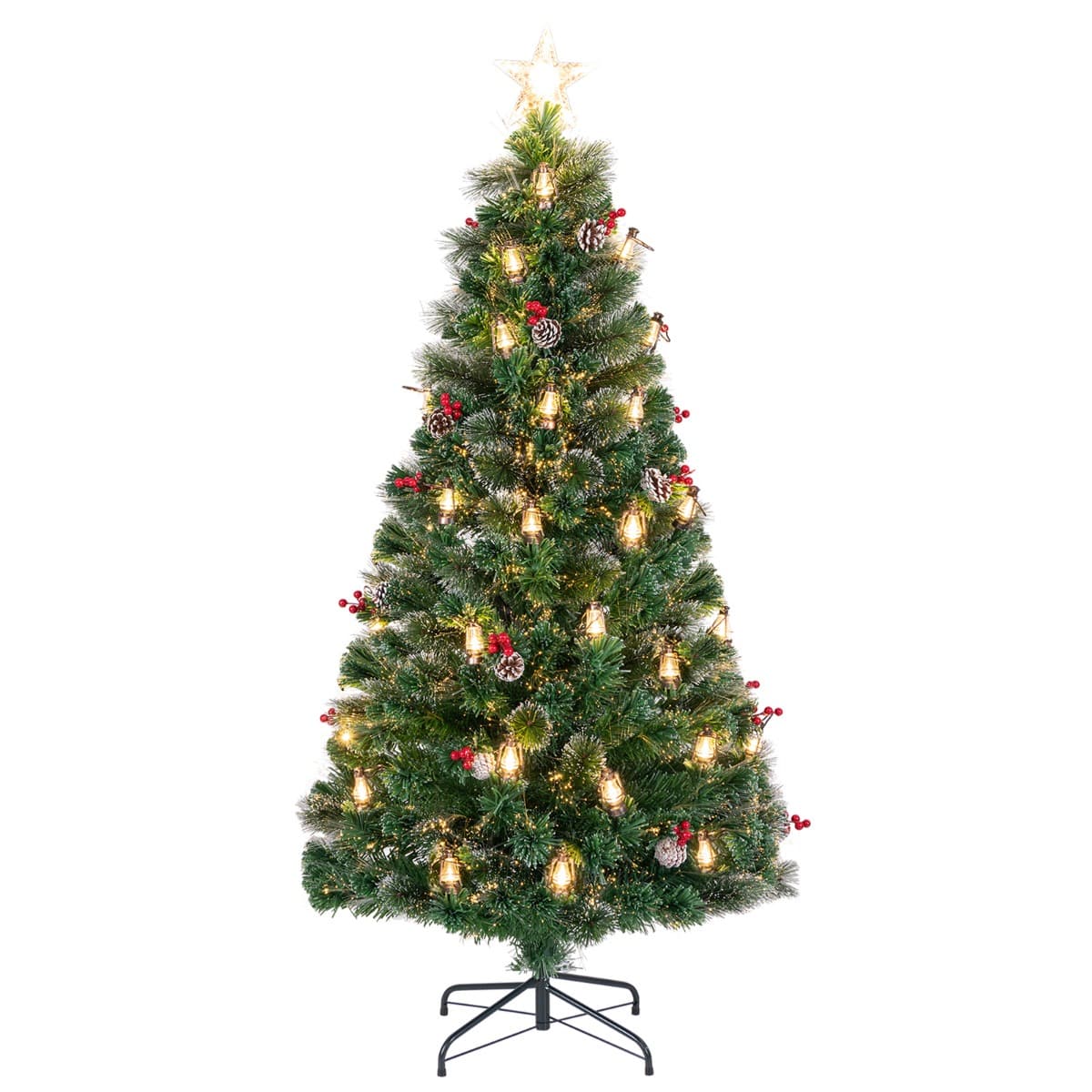 CostwaySapin de Noël Artificiel avec 8 Modes d'Eclairage LED Blanc Chaud Fibres Optiques Pointes de Branches Aiguilles de Pin Hauteur de 180CM