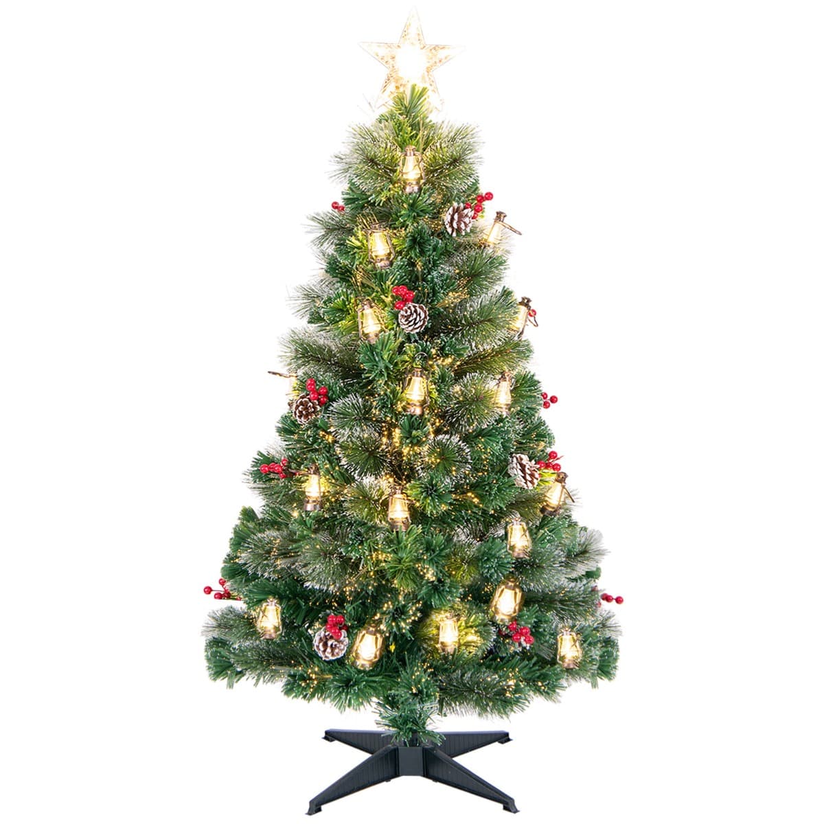 CostwaySapin de Noël Artificiel avec 8 Modes d'Eclairage LED Blanc Chaud Fibres Optiques Pointes de Branches Aiguilles de Pin Hauteur de 150CM
