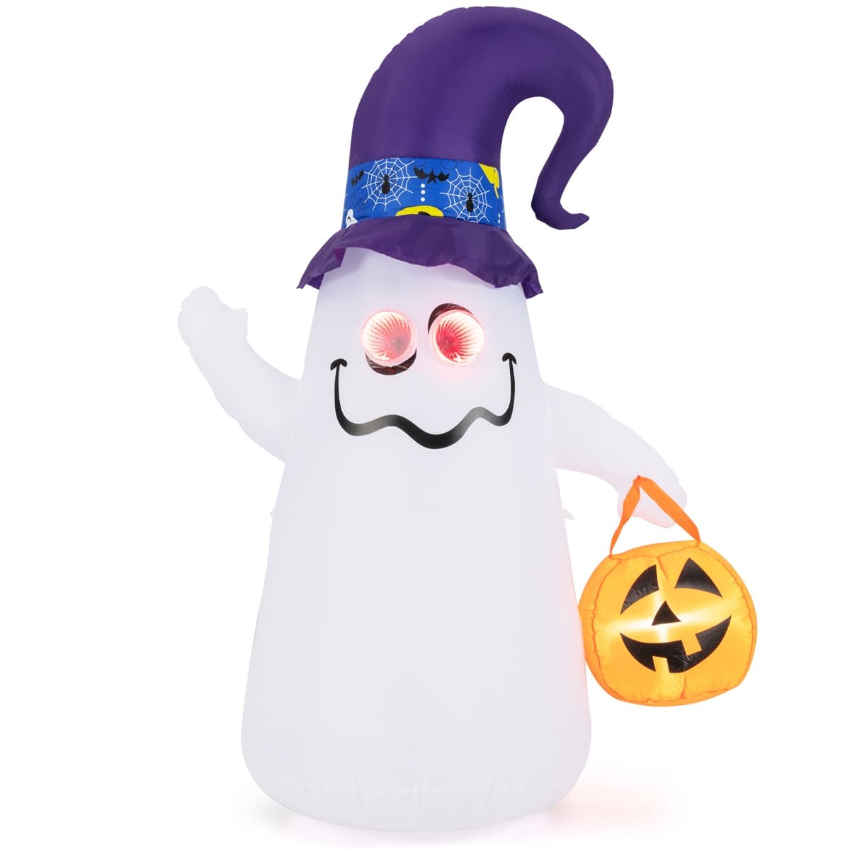 CostwayDécoration d’Halloween Gonflable 180cm Fantôme Mignon avec Lanterne Citrouille Chapeau de Sorcier 5 Lumières LED à Intensité Variable Blanc