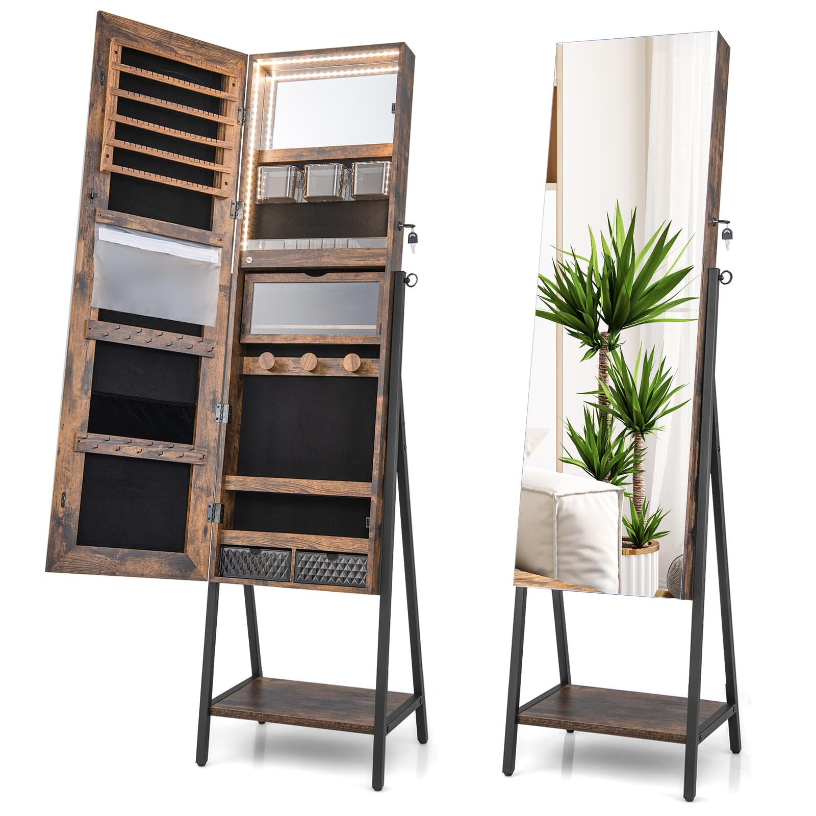 CostwayArmoire à Bijoux sur Pied avec Miroir Pleine Longueur HD Lumières LED 3 Couleurs et Miroir Intérieur Verrouillable Marron