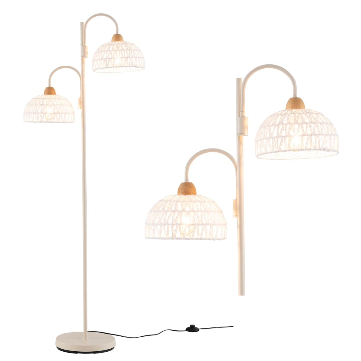 CostwayLampadaire à 2 Lampes Lampe Arbre Rotative à 350° avec Interrupteur au Pied Abat-jours Tissés Et 2 Bases d'Ampoules E27 Base Lourde Blanc