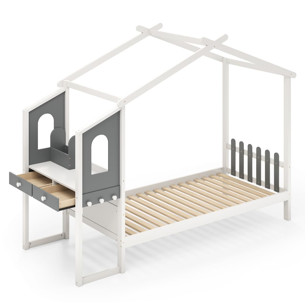 CostwayLit Maison Simple avec Bureau Lit Plateforme en Bois avec Tête de Lit en Forme de Clôture et toit Capacité de charge 150 kg 200x90cm Blanc &