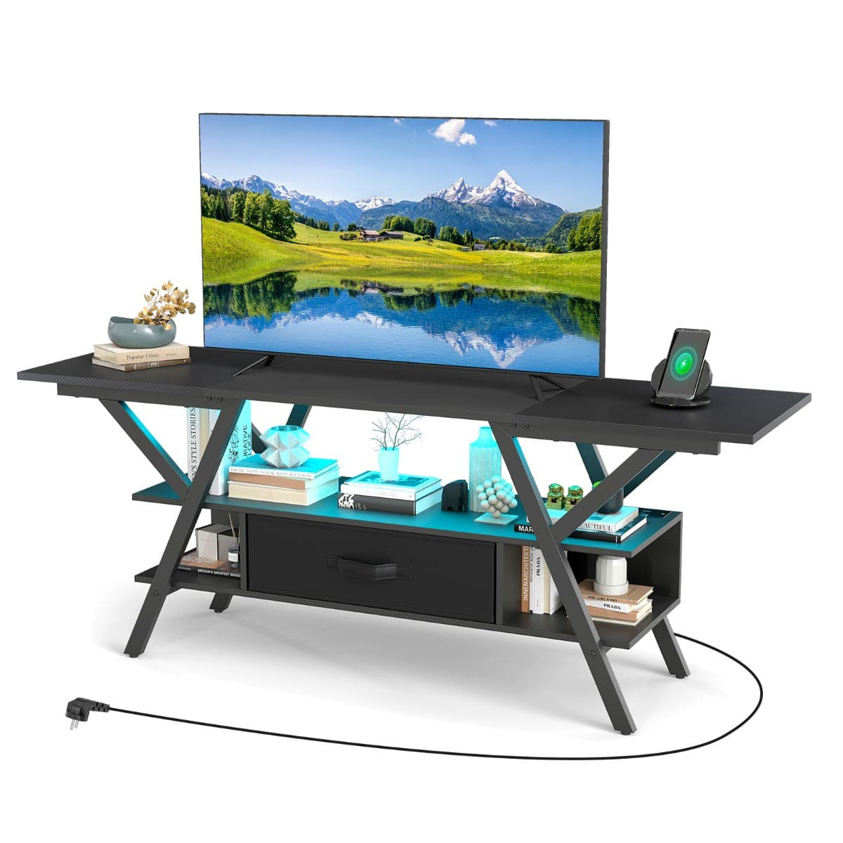 CostwayMeuble TV pour Téléviseurs 65'' Meuble Multimédia à 3 Niveaux avec Lumières RGB LED et Station de Charge Console Multimédia 140x40x54cm Noir