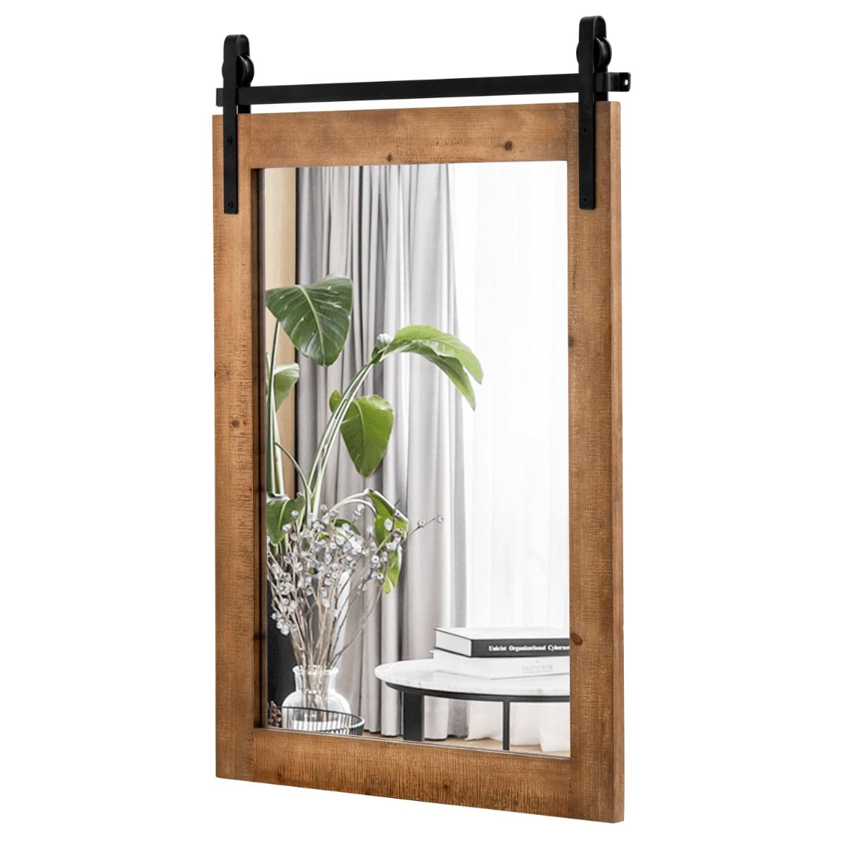 CostwayMiroir Mural Rustique avec Cadre en Bois Massif et Support en Métal 76 x 56 Cm Miroir Décoratif de Style Porte de Grange Rectangulaire Marron