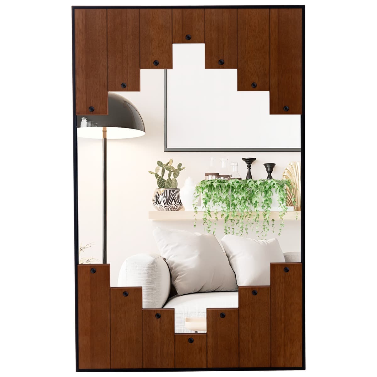 CostwayMiroir Mural Rectangulaire Décoratif Grand Miroir Mural 100 x 66 Cm avec Cadre en Forme de Touches de Piano Crochet Bidirectionnel pour Salon