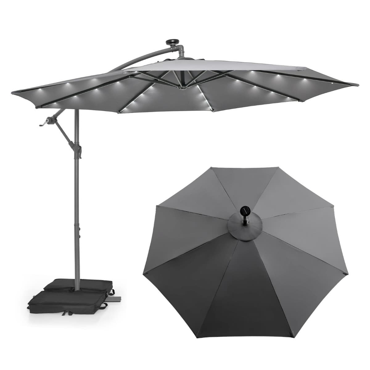CostwayParasol Déporté de 3 m avec 32 Lumières LED Panneau Solaire Batterie, Sac de Sable Auvent Imperméable Parasol pour Jardin Piscine Patio Gris