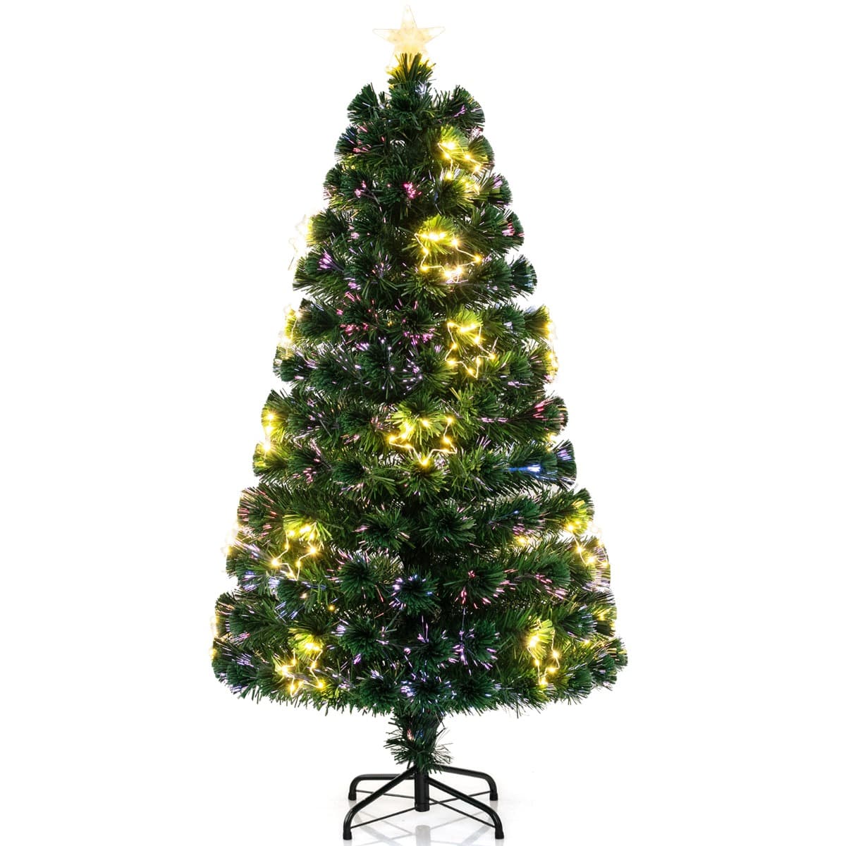 CostwaySapin de Noël Artificiel à Fibre Optique de 150cm Guirlande Lumineuse 24 Lumières Blanches Chaudes 170 Pointes de Branches Etoile