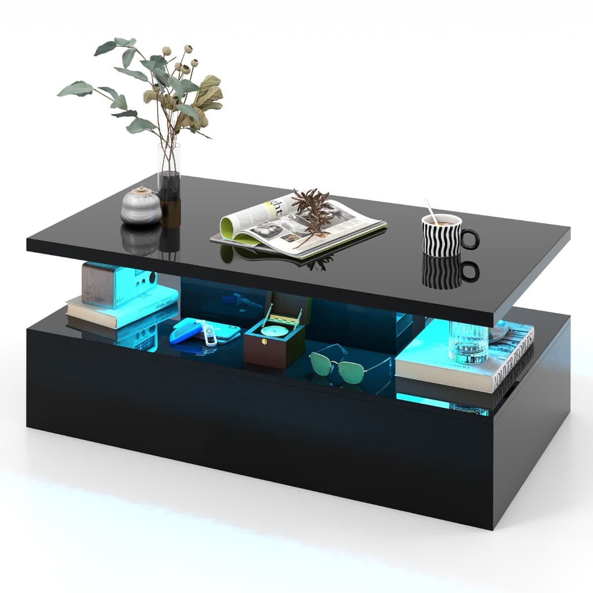 Table Basse 2 Niveaux avec lumières LED 20 Couleurs 110x60x40CM Table de Salon Contemporain avec Tél