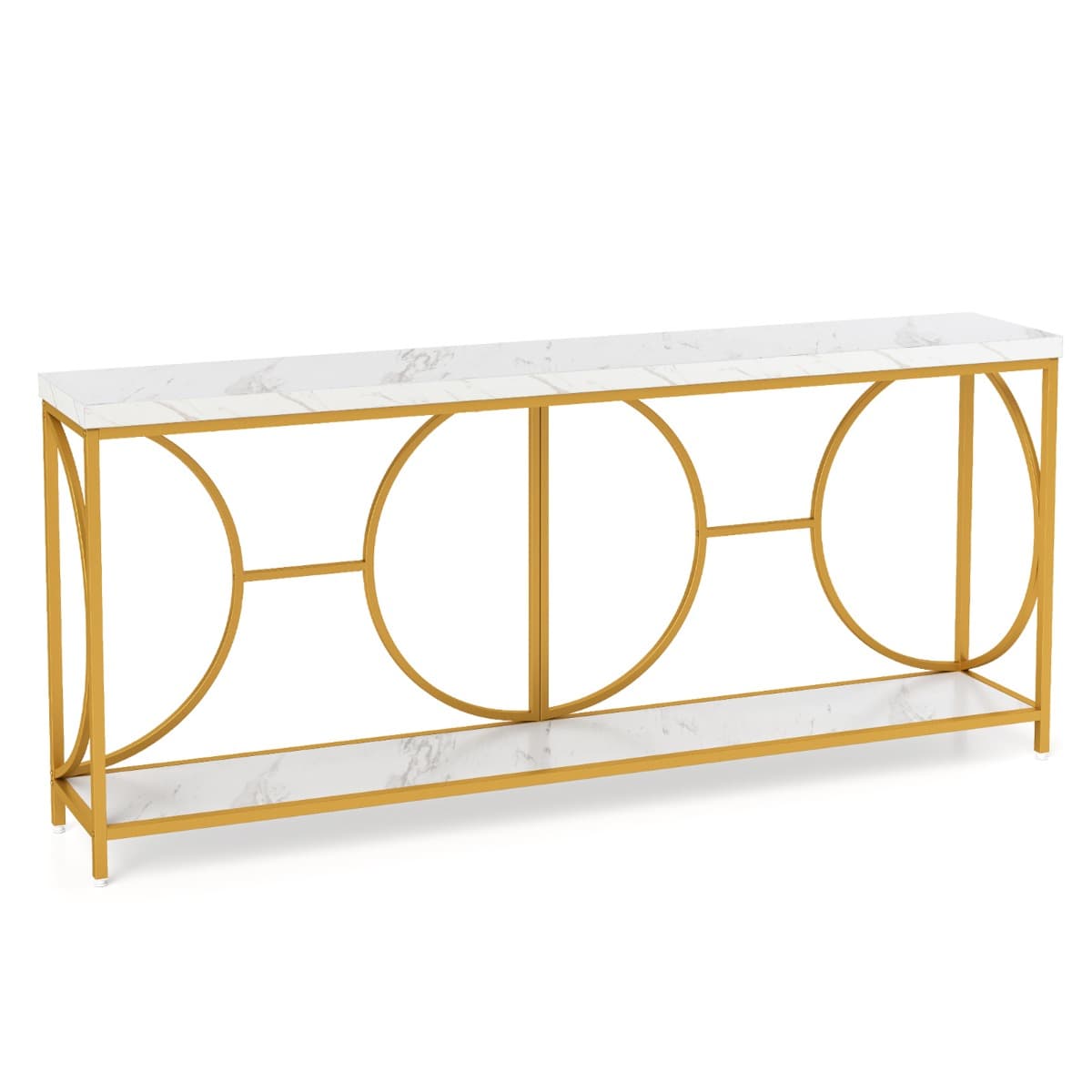 CostwayTable Console à 2 Étages avec Plateau en Faux Marbre Table Console Vtroite de 180cm Cadre en Métal Résistant Table Longue pour Canapé Blanc