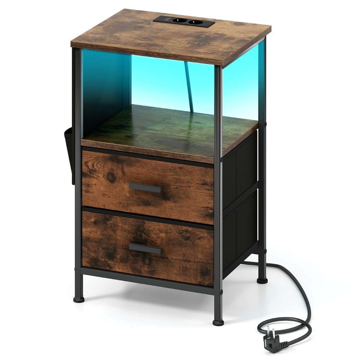 CostwayTable d’Appoint avec Station de Charge Table de Chevet avec 2 Tiroirs en Tissu Pliants 6 Poches Latérales Marron Rustique