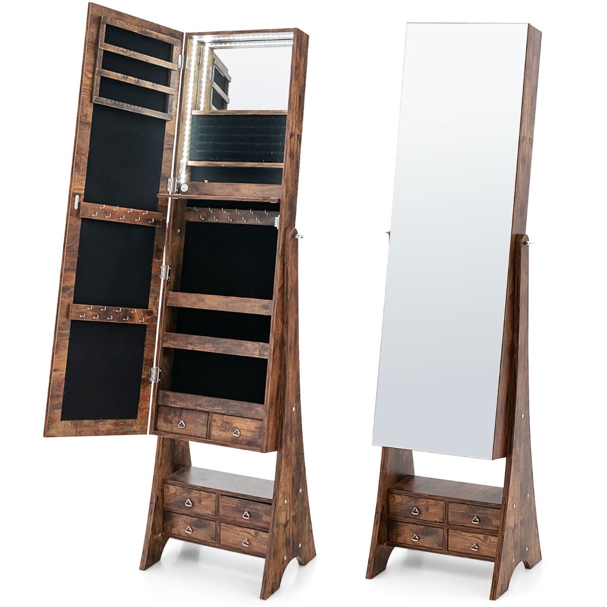 CostwayArmoire à Bijoux sur Pied avec Miroir Pleine Longueur Lumières LED Intégrées 6 Tiroirs et 3 Angles d'Inclinaison Réglables Marron